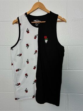 Eighty Eight Split Black White Embroidered Floral Tank